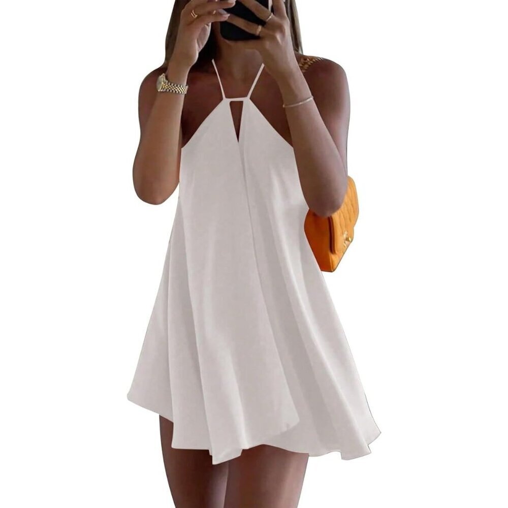 Women's Summer V-Neck Backless Mini Dress with Bow Tie Belt Gray Small